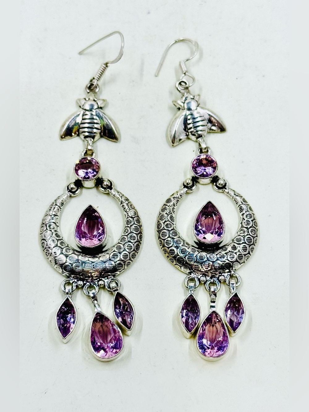 Artisan Sterling Silver Bee Motif Drop Dangle Earrings with Purple Rhinestones
